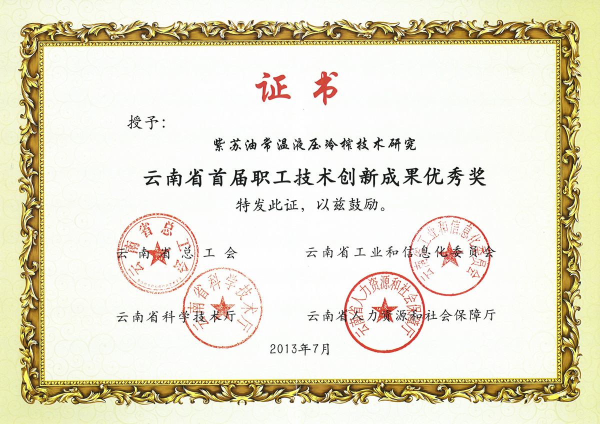 云南省首屆職工技術創(chuàng)新成果優(yōu)秀獎